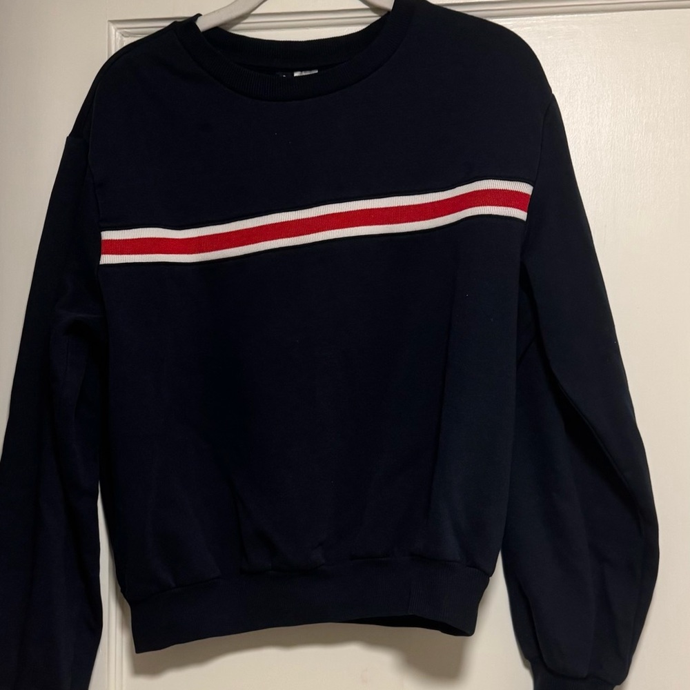 Navy Sweatshirt with Red and White Stripe